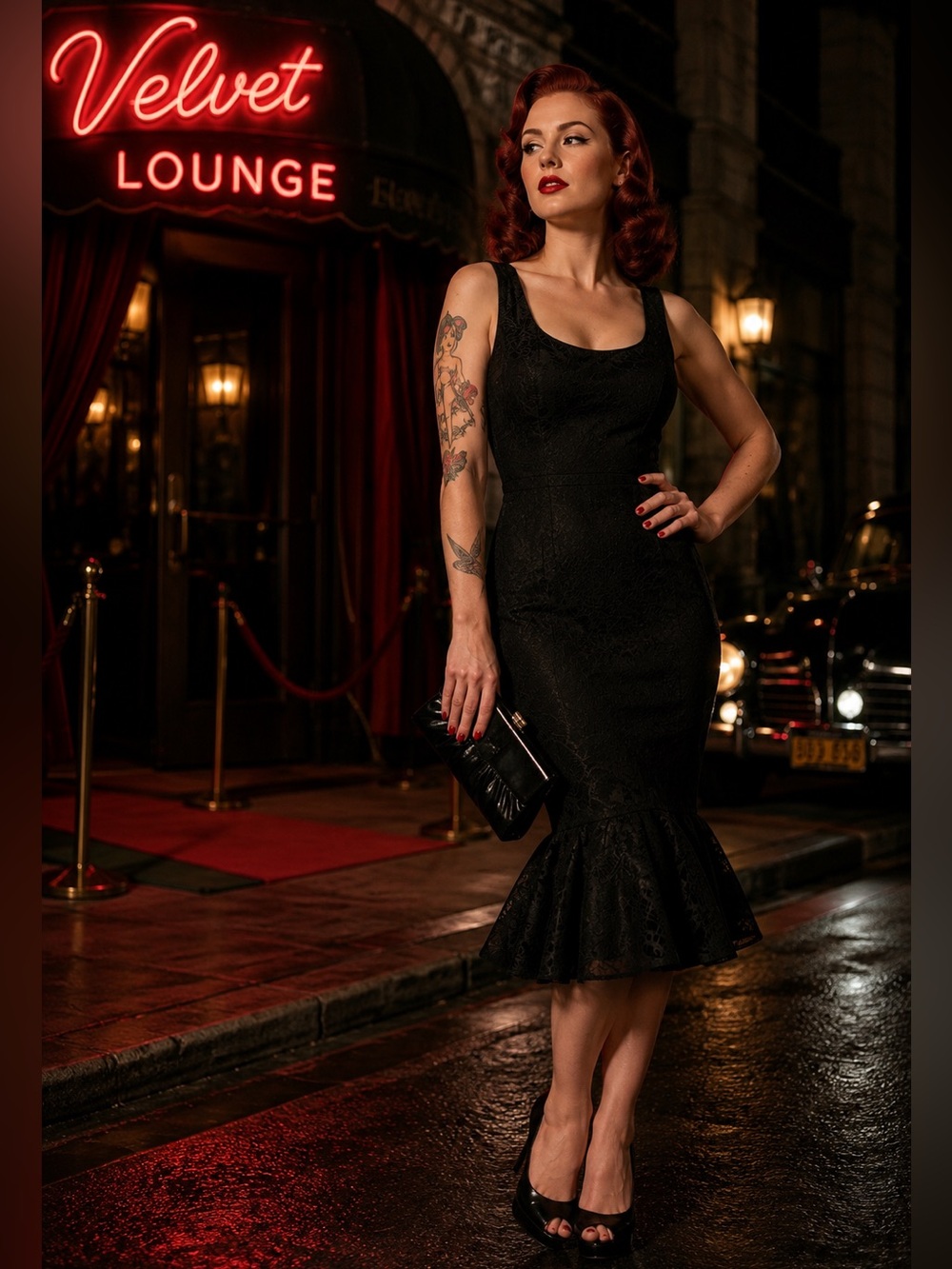 Pinup Couture NWT Black Lace Fishtail Wiggle Dress Rockabilly size L
